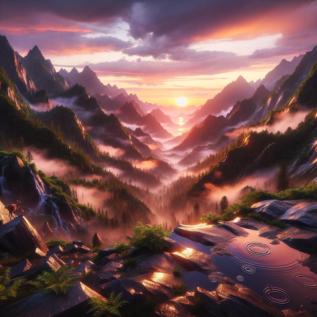 Serene Sunset Over Rain-kissed Peaks